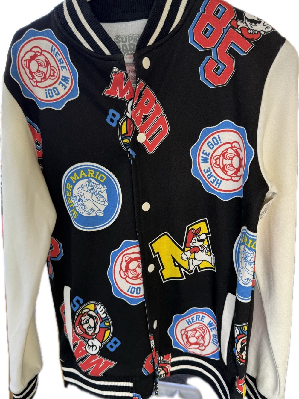 NWT Nintendo Super Mario Varsity Bomber Jacket Boys Youth XL 18/20 Black AOP